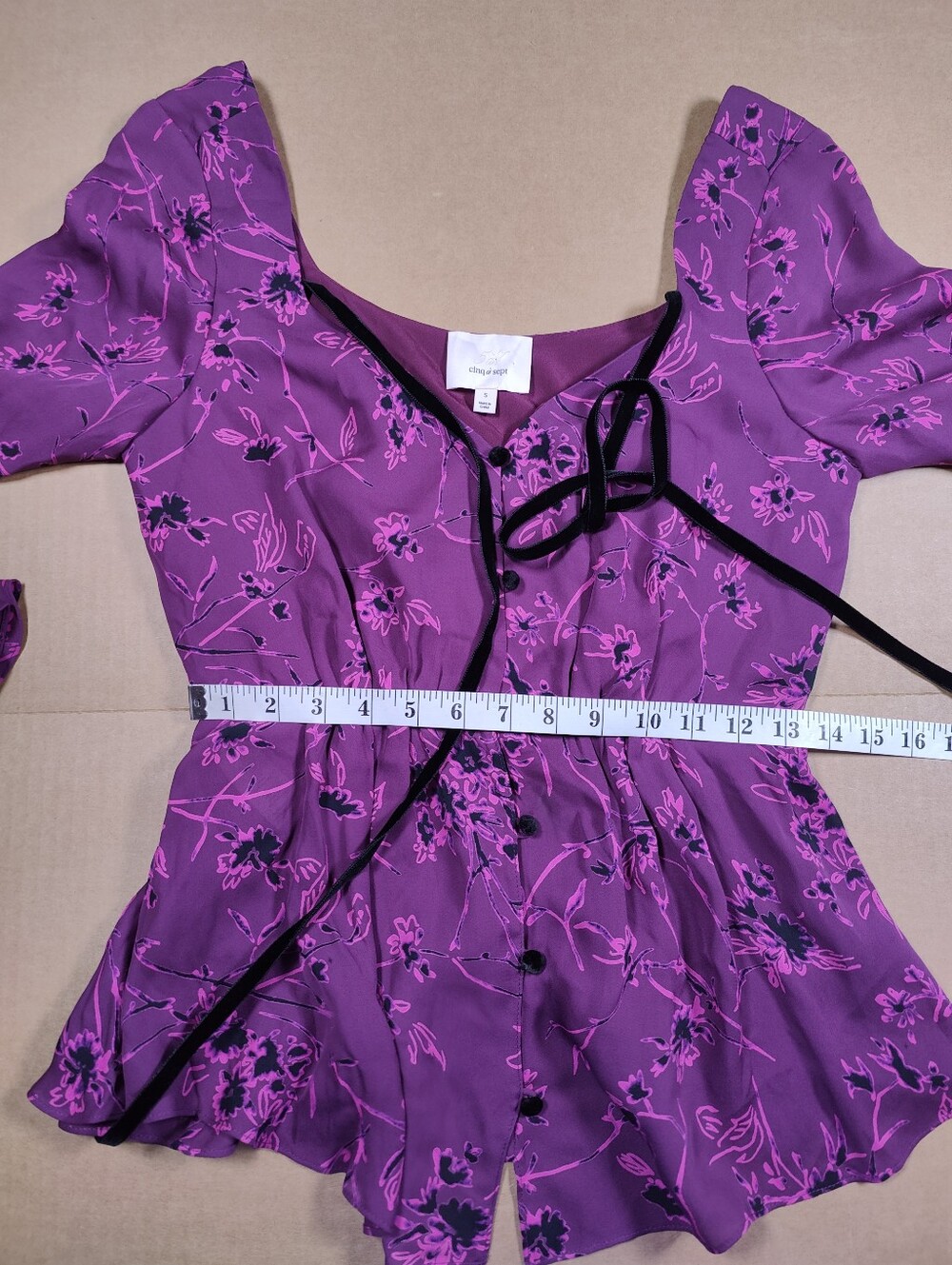 Cinq A Sept Mable Purple Floral 100% Silk Bell Sleeve Blouse Black Ties Size S - Picture 7 of 8